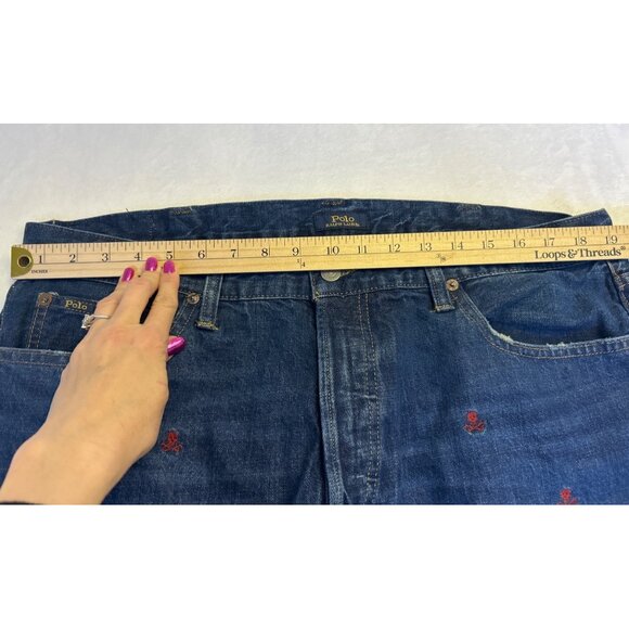 Polo Ralph Lauren Embroidered Skulls Denim Jeans Sullivan Slim Men’s 38x32 Y2K - Picture 14 of 16